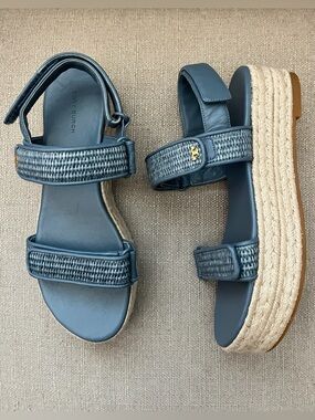 NEW Tory Burch Sport Espadrille Leather Raffia Blue Sandal  Size 9.5
